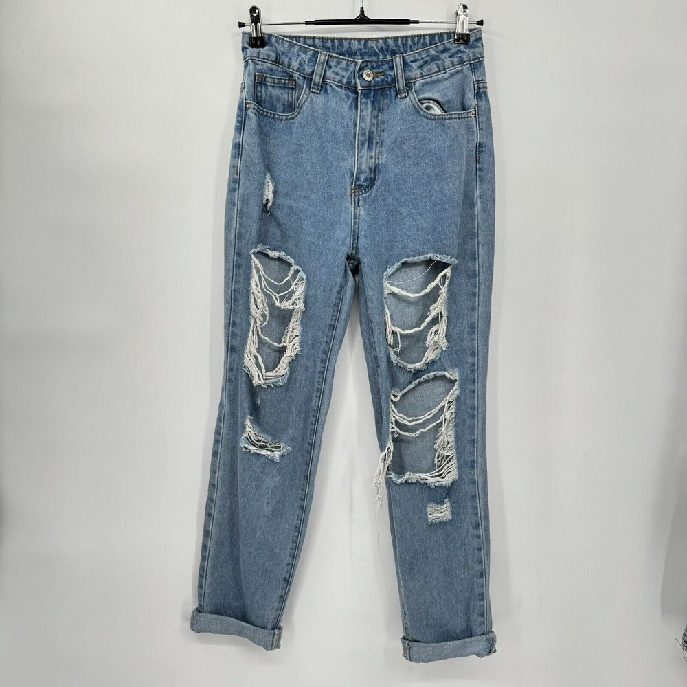 SHEIN 2 Mom Jeans Women Light Wash Blue Distressed High Rise Ripped Straight Leg